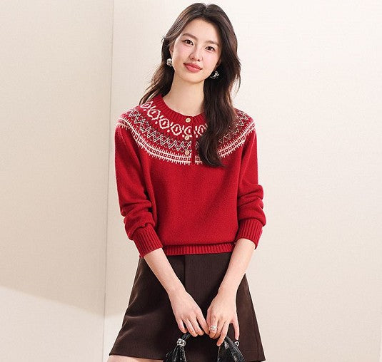 Womens Retro Fair Isle Knit Sweater With Buttons And A Crew Neck - Hafsa Luxury