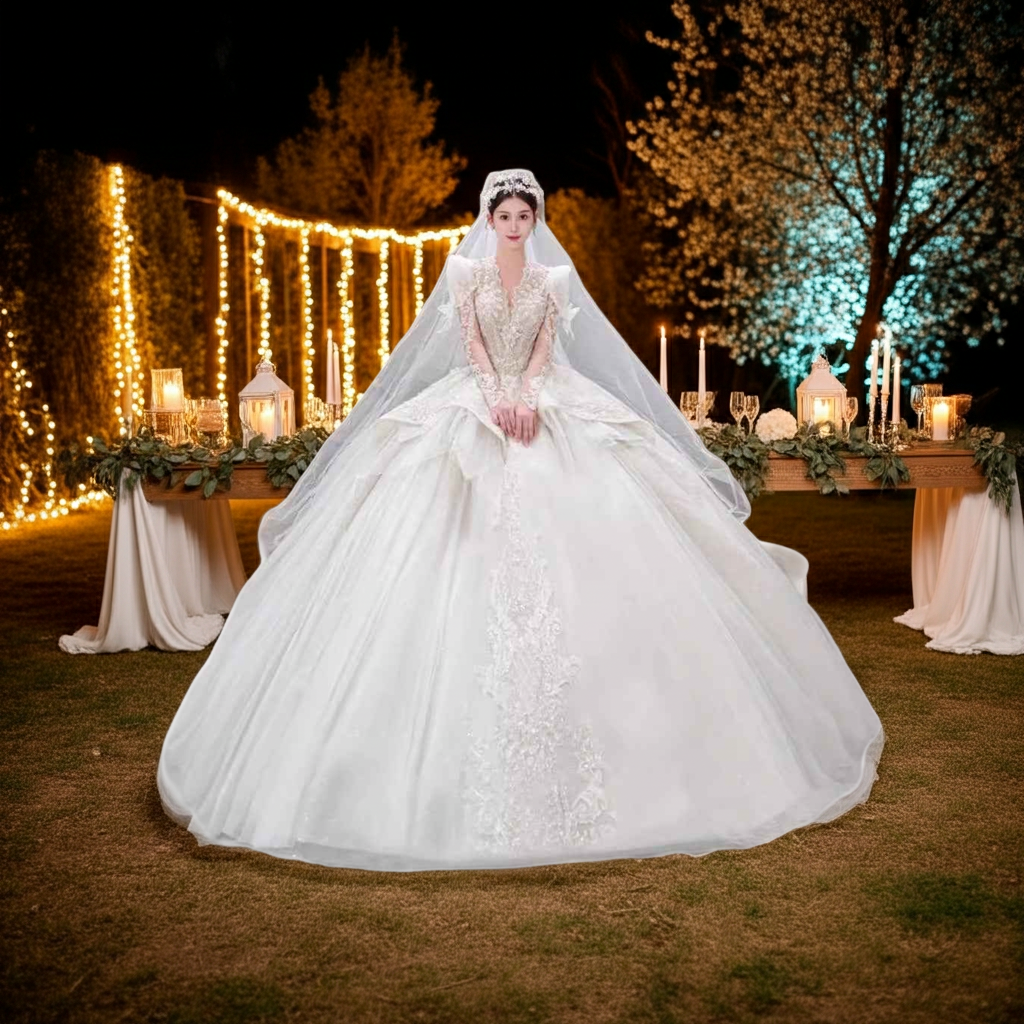 Bride Yarn Long Sleeve Dress for Heavy Industry Trailing French Retro Style - Hafsa Luxury