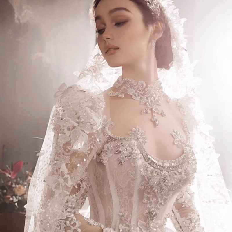 Heavy Industry European-style Royal Court Princess Dress with Large Tail for Women - Hafsa Luxury