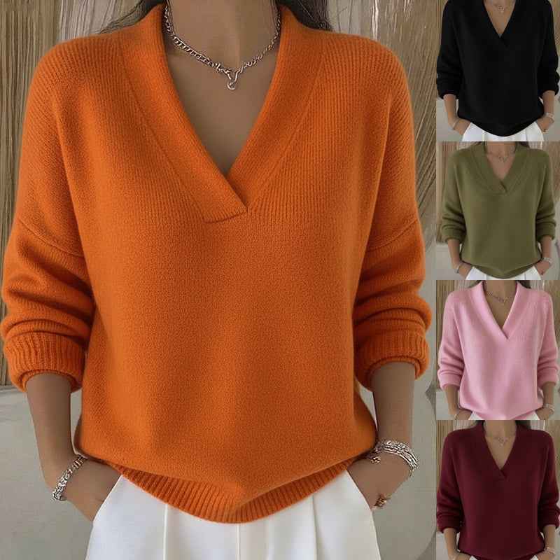 Elegant Women's V-neck Knitted Sweater - Soft Long Sleeve Casual Fashion for Autumn and Winter - Hafsa Luxury