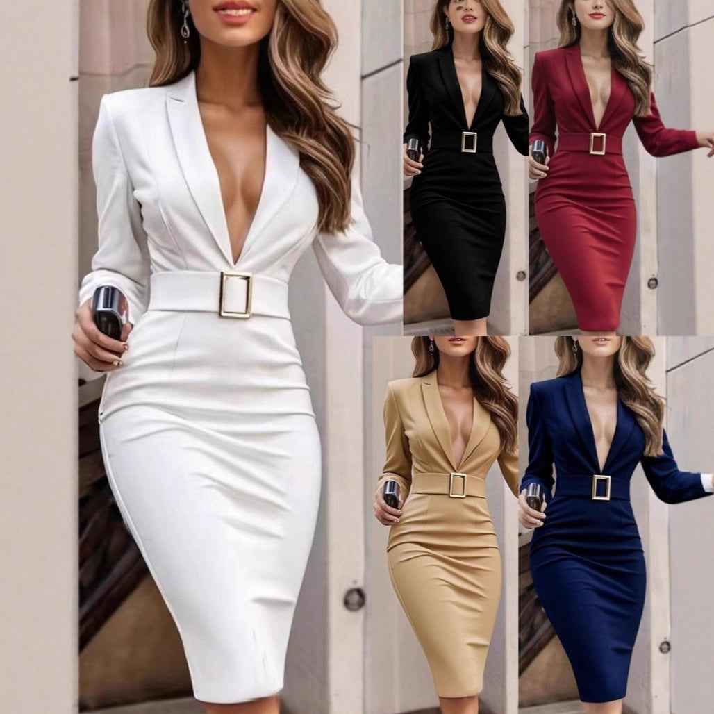 Solid Color Sexy V-neck Long Sleeve Bodycon Dress - Hafsa Luxury