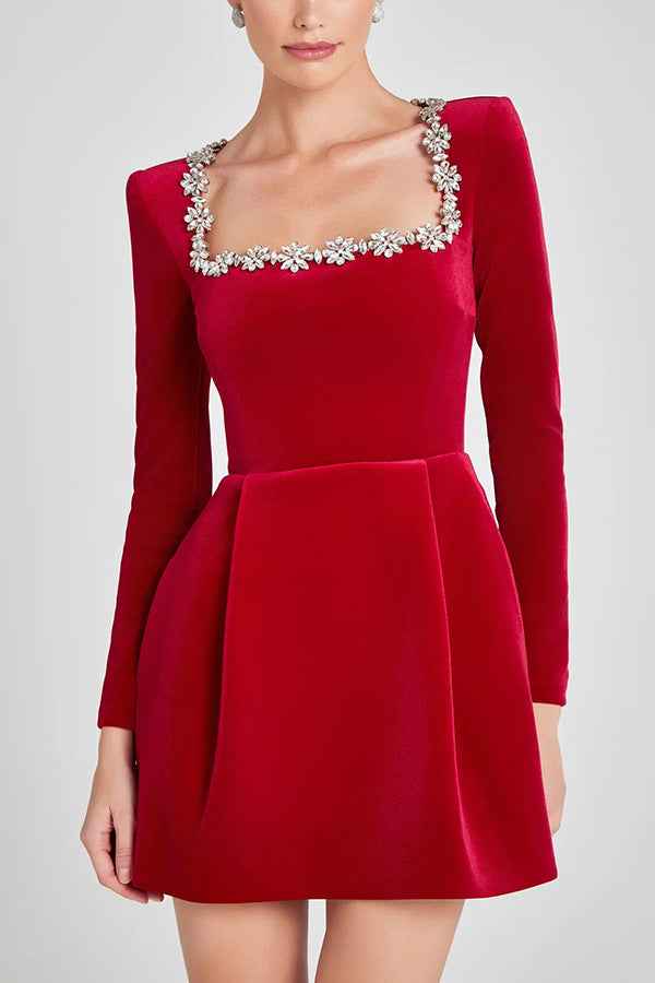 Christmas Elegant Square Neck Long-sleeved Dress With Flowers Rhinestone Design Fashion A-line Short Dresses Spring Clothing For Women - Hafsa Luxury
