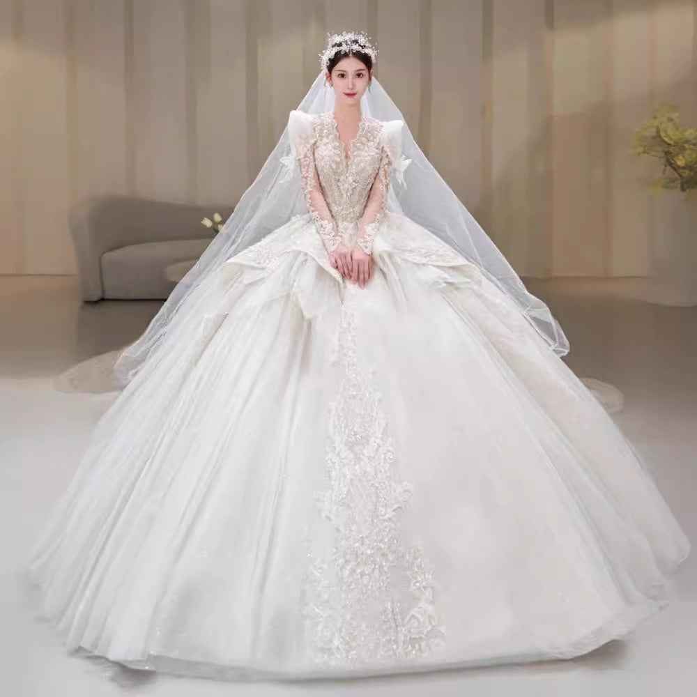 Bride Yarn Long Sleeve Dress for Heavy Industry Trailing French Retro Style - Hafsa Luxury