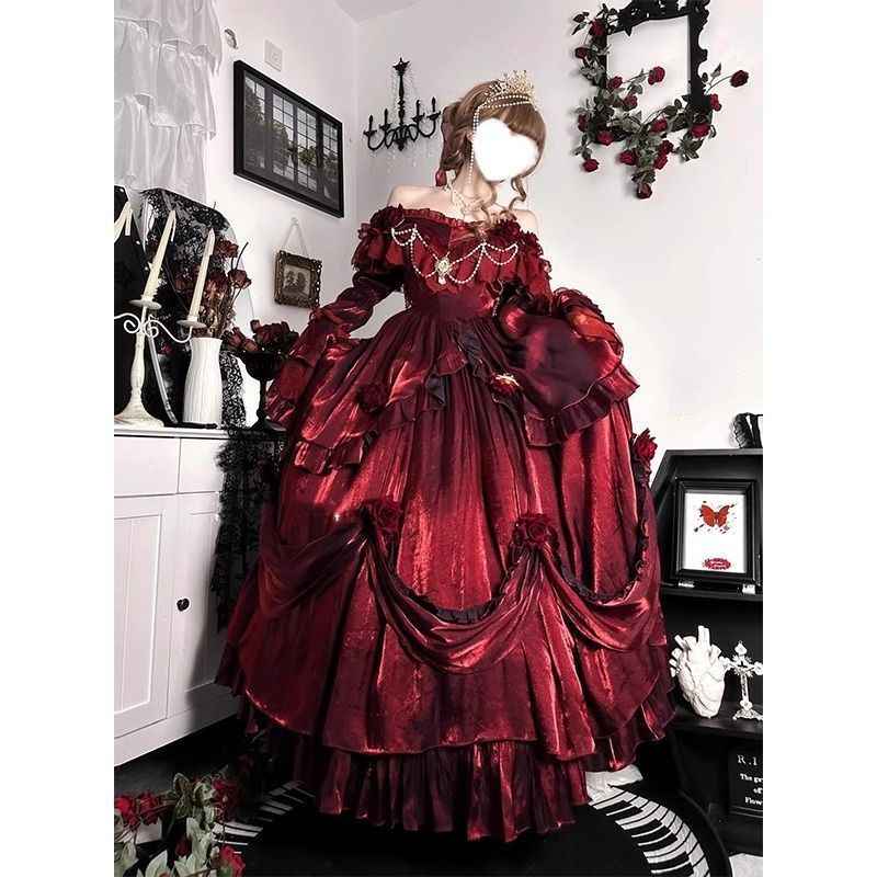 Christmas Lolita Dress Pigeon Blood Red Flower Wedding Battle Robe - Hafsa Luxury