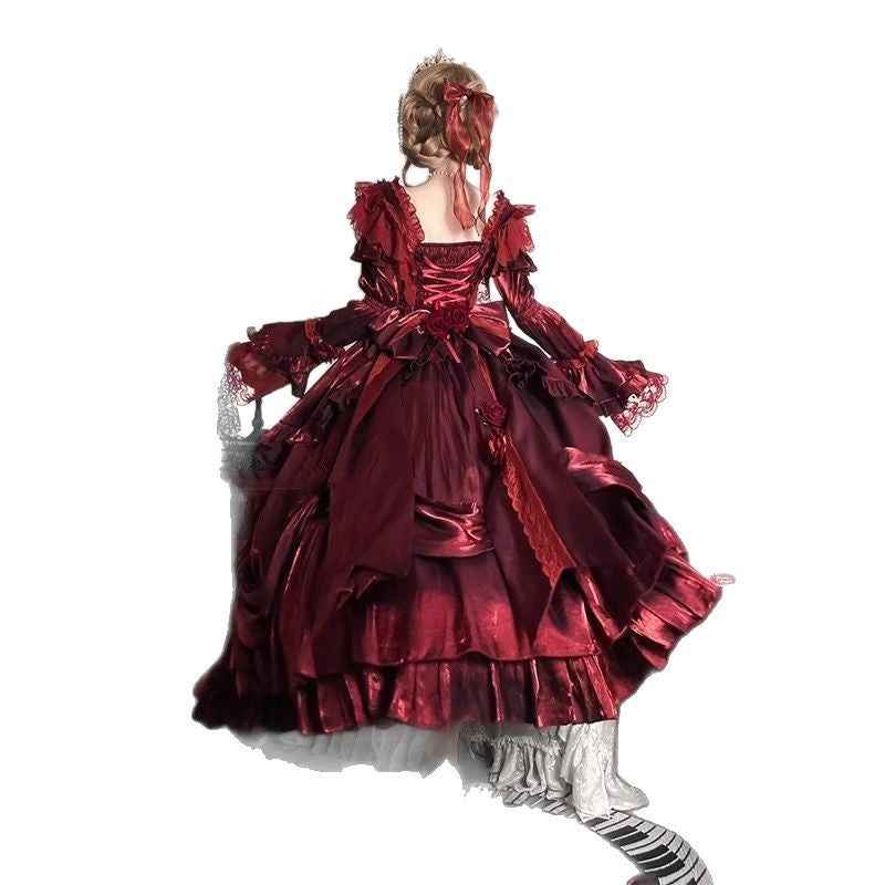 Christmas Lolita Dress Pigeon Blood Red Flower Wedding Battle Robe - Hafsa Luxury