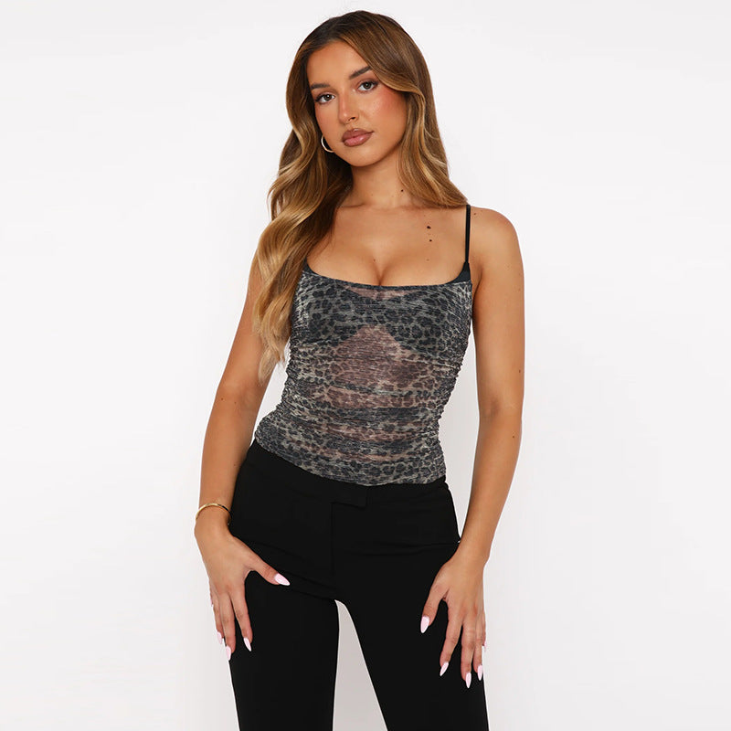 New Sexy Mesh Leopard-Print Fake Two-Piece Camisole Top