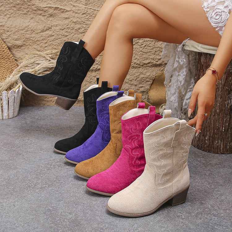 Pointed Toe Western Ankle Boots for Women - Retro Embroidered Chunky Square-Heeled Mid-Calf Fashion Boot - Hafsa Luxury