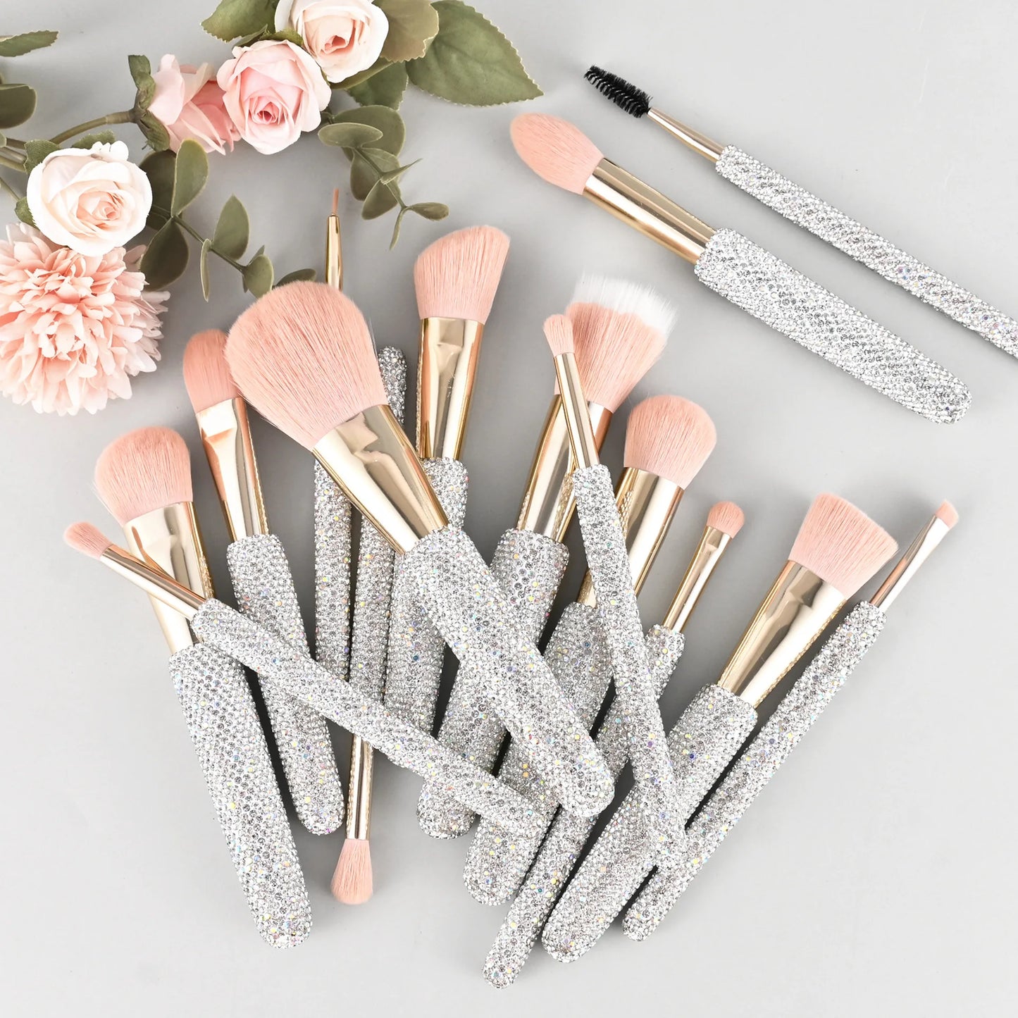 15 Pc Rhinestone Makeup Brush Set Pink Blush Foundation Concealers Eye Shadow & Loose Powder Brushes Cosmetic Organizer Gift Set