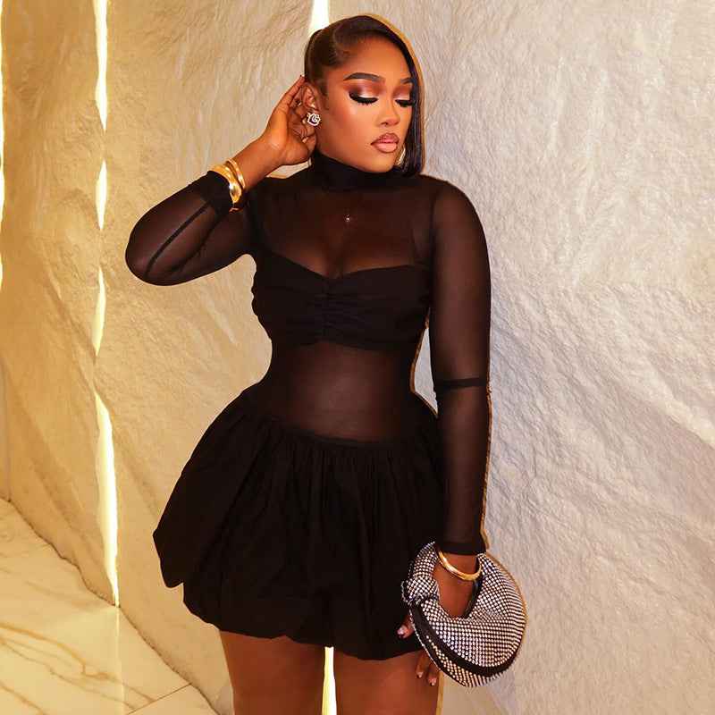 Solid Color Stand Collar Long Sleeve Short Dress - Hafsa Luxury