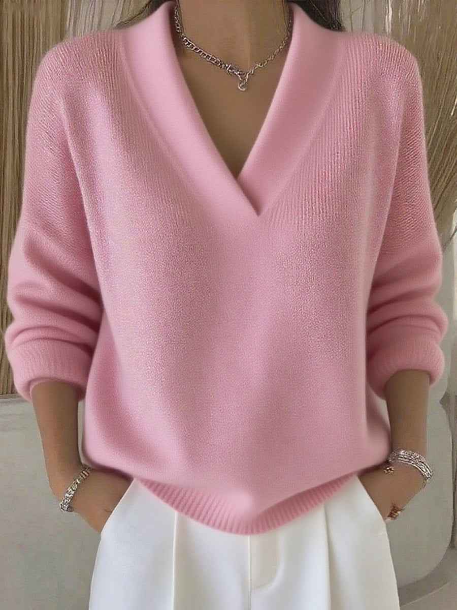 Elegant Women's V-neck Knitted Sweater - Soft Long Sleeve Casual Fashion for Autumn and Winter - Hafsa Luxury