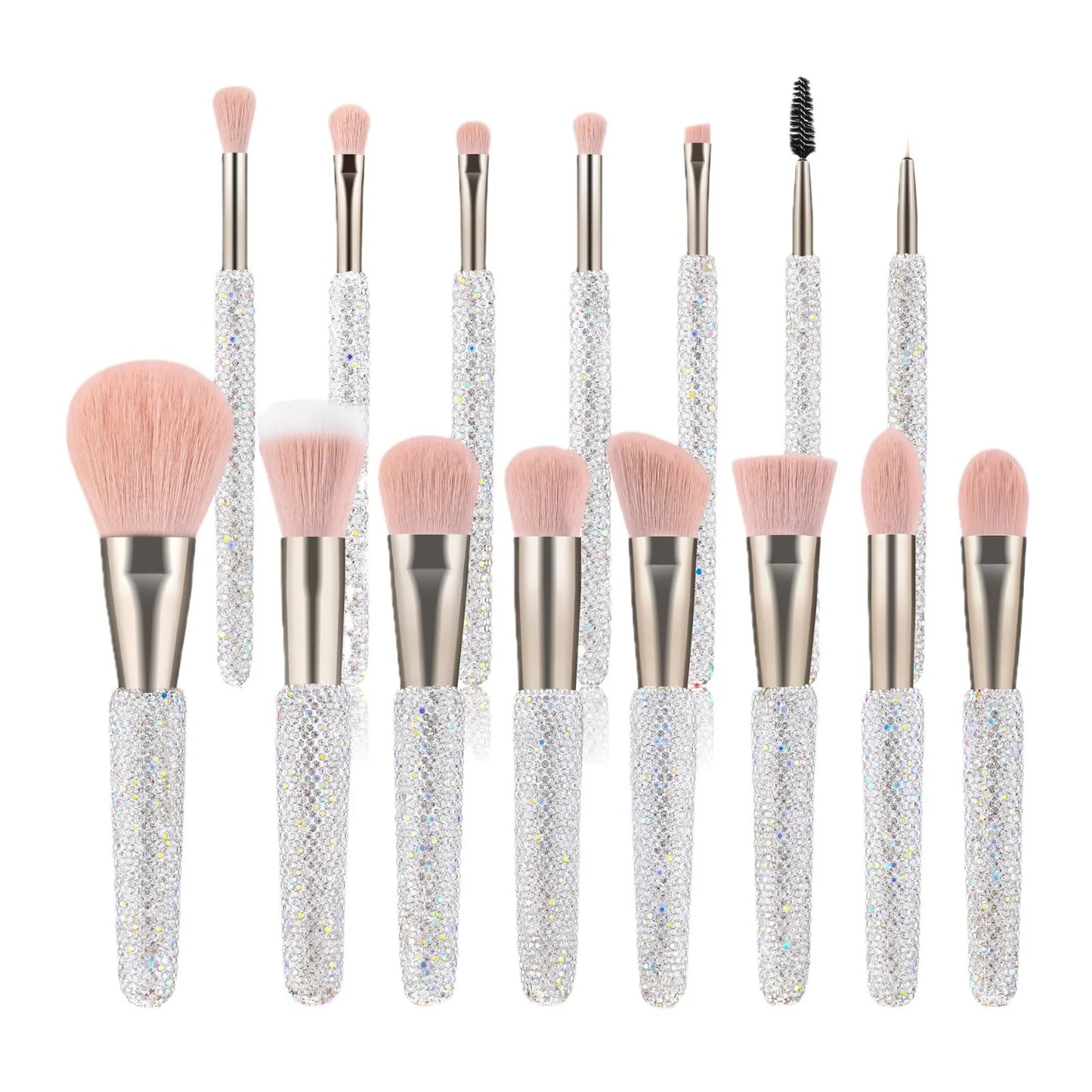 15 Pc Rhinestone Makeup Brush Set Pink Blush Foundation Concealers Eye Shadow & Loose Powder Brushes Cosmetic Organizer Gift Set
