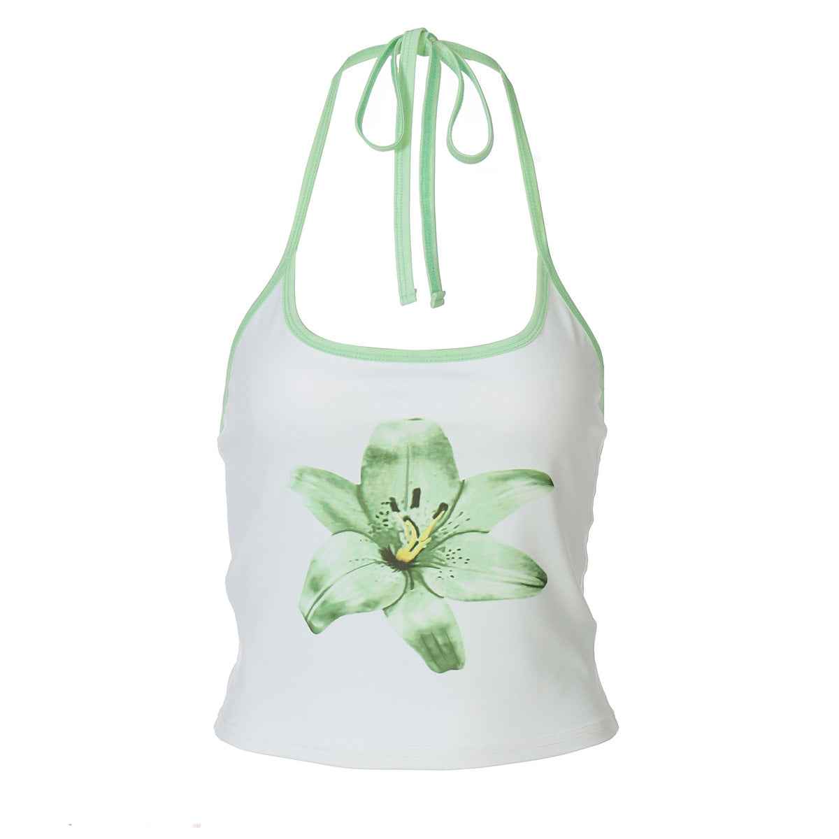 Printed Halterneck Cropped Tank Top with Lace-Up Detail - Hafsa Luxury