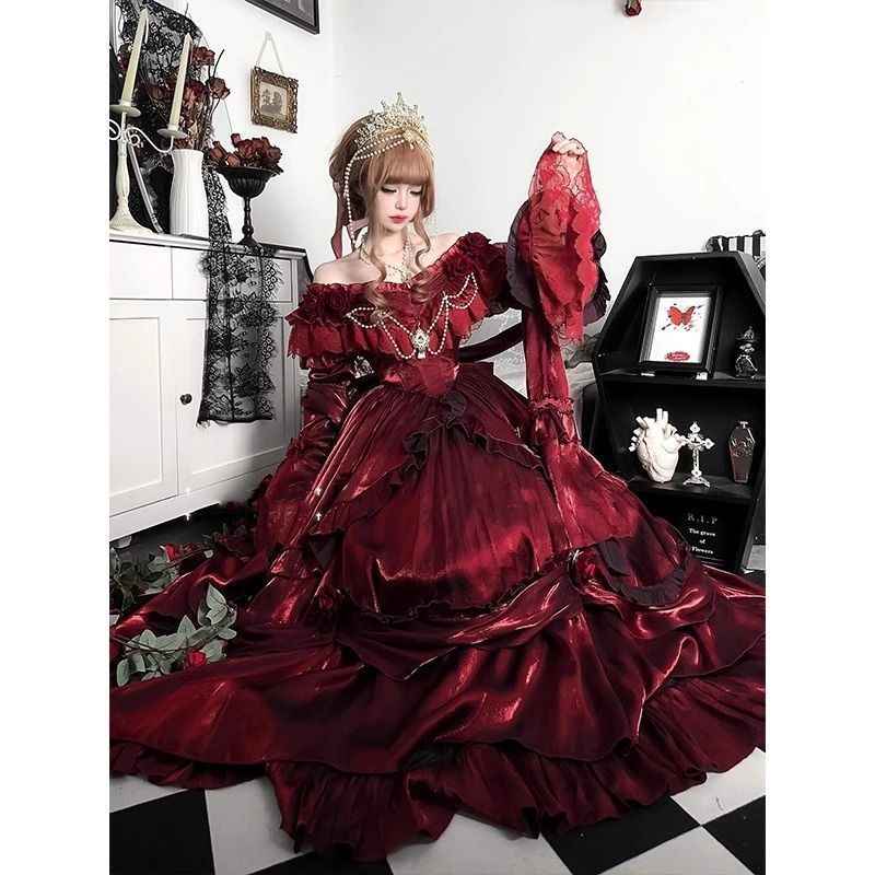 Christmas Lolita Dress Pigeon Blood Red Flower Wedding Battle Robe - Hafsa Luxury