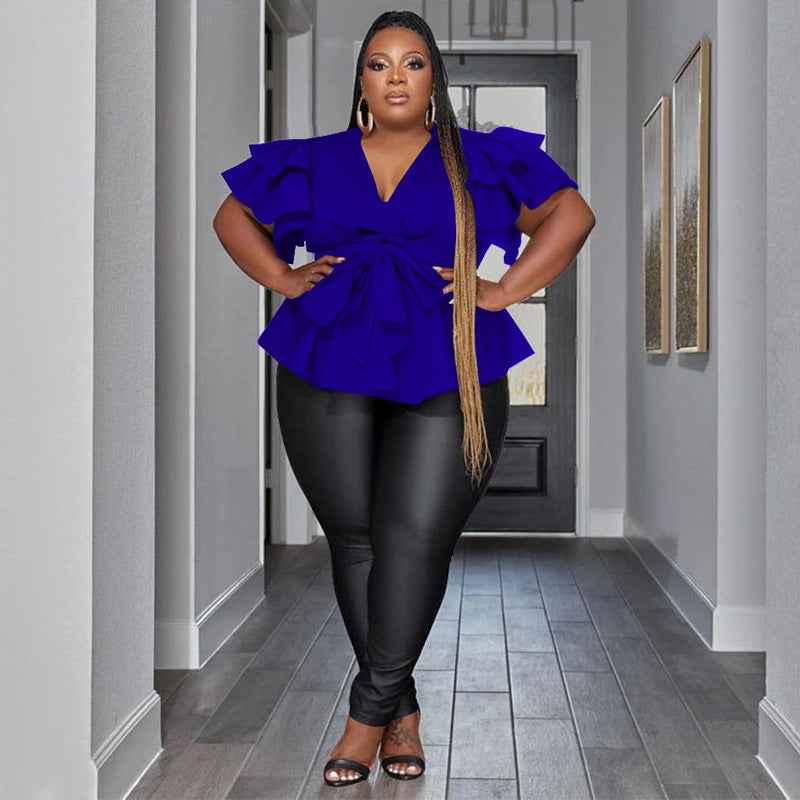 Women's V-Neck Ruffle Blouse - Casual All-Match Pleated Top with Ruffle Sleeves - Hafsa Luxury