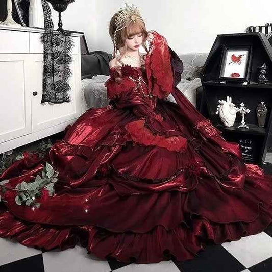Christmas Lolita Dress Pigeon Blood Red Flower Wedding Battle Robe - Hafsa Luxury