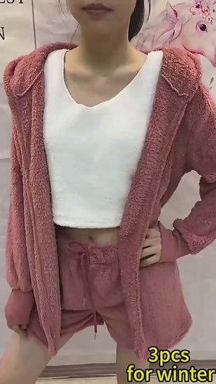 video Women's crop top pajama set in black velvet with shorts and long sleeve top, perfect for stylish loungewear in sizes S to XXXL.