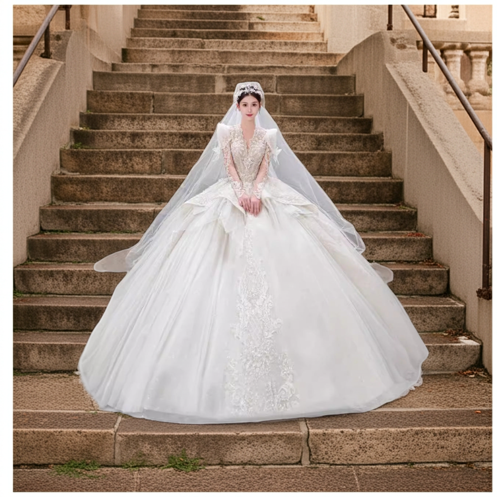 Bride Yarn Long Sleeve Dress for Heavy Industry Trailing French Retro Style - Hafsa Luxury